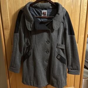 Three Stones Women's Grey Long Trench Coat Size [M] Leather Trim Excellent